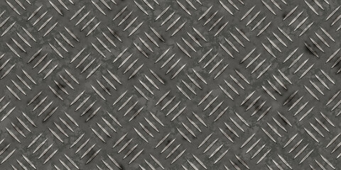 Seamless old worn scratched iron crosshatch diamond plate sheet metal background texture. Tileable grungy grey stained industrial steel floor panel pattern for a flat-lay or backdrop. 3D rendering..