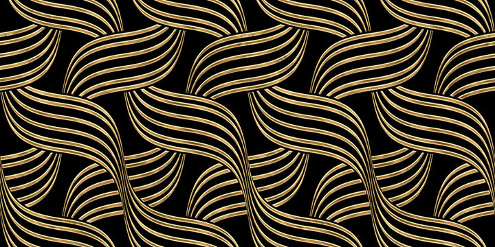 Seamless Golden Retro Woven Wavy Stripe Pattern. Vintage Abstract Gold Plated Relief Sculpture On Black Background. Modern Elegant Metallic Luxury Backdrop. Maximalist Gilded Wallpaper 3D Rendering.