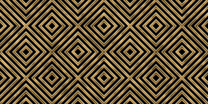 Seamless golden geometric striped diamond pattern. Vintage abstract gold plated relief on dark black background. Modern elegant metallic luxury backdrop. Maximalist gilded age wallpaper 3D rendering.