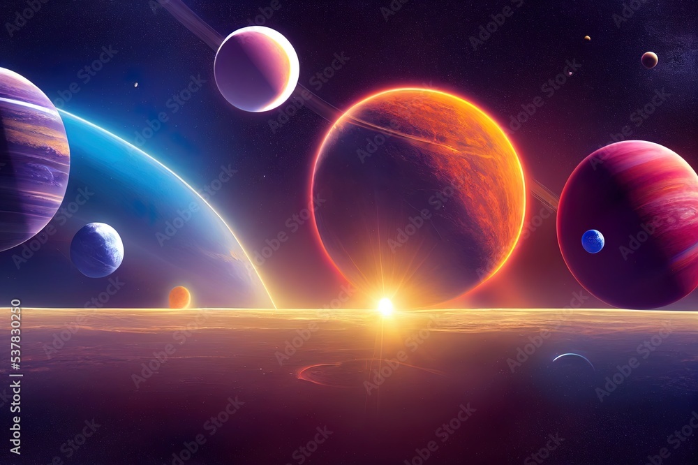 Poster panoramic view of planets in distant solar system in space 3d rendering