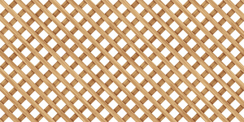 Seamless diamond grid wood lattice texture isolated on transparent background. Tileable light brown redwood, pine or oak trellis of woven diagonal boards. Wooden fence planks pattern 3D rendering.