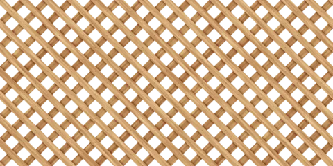 Deurstickers Seamless diamond grid wood lattice texture isolated on transparent background. Tileable light brown redwood, pine or oak trellis of woven diagonal boards. Wooden fence planks pattern 3D rendering. © Unleashed Design