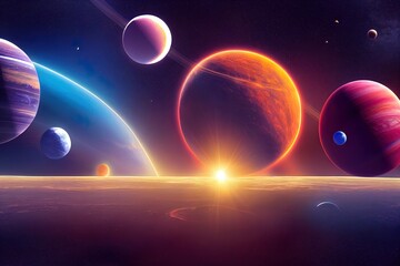 Panoramic view of planets in distant solar system in space 3D rendering