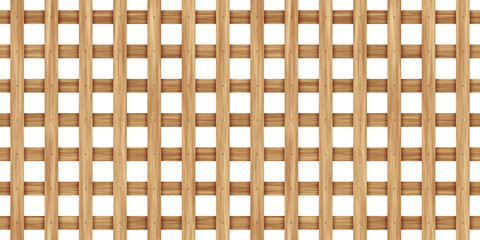 Seamless square grid wood lattice texture isolated on transparent background. Tileable light brown redwood, pine or oak trellis of woven crosshatch boards. Wooden fence planks pattern 3D rendering..
