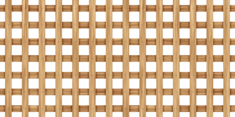 Deurstickers Seamless square grid wood lattice texture isolated on transparent background. Tileable light brown redwood, pine or oak trellis of woven crosshatch boards. Wooden fence planks pattern 3D rendering.. © Unleashed Design