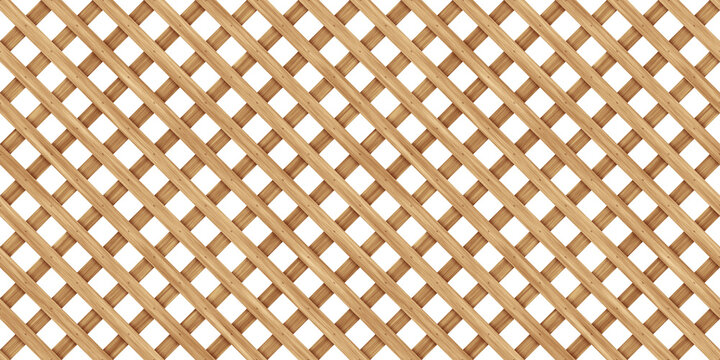 Seamless diamond grid wood lattice texture isolated on transparent background. Tileable light brown redwood, pine or oak trellis of woven diagonal boards. Wooden fence planks pattern 3D rendering.
