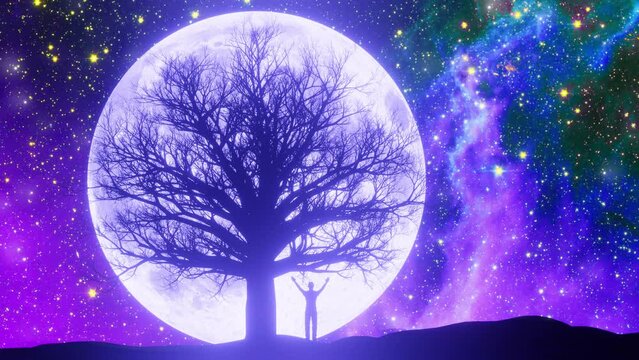 Leafless bald bare tree in front of the surrounding big full moon on the purple starry sky with nebula,  with flickering stars and a man below the tree waving at the moon with his arms up