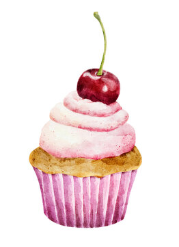 Watercolor delicious cupcake with cherry isolated on white background.
