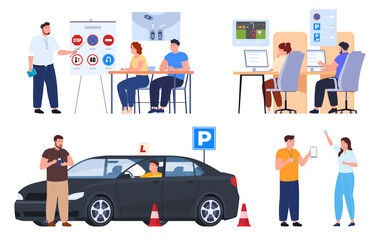 School of drivers. Teaching traffic rules and safe driving. Vector illustration