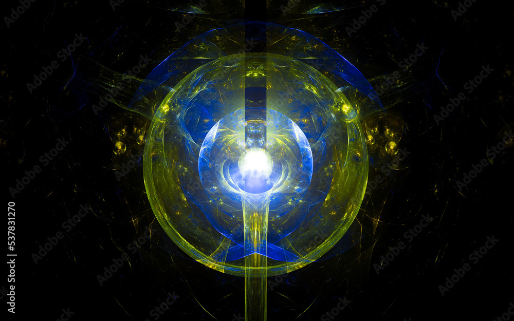 Aufkleber abstract illustration of a computer generated fantastic emblem in various shapes and shades on a black background for use in symbology, signs for digital design and graphics
