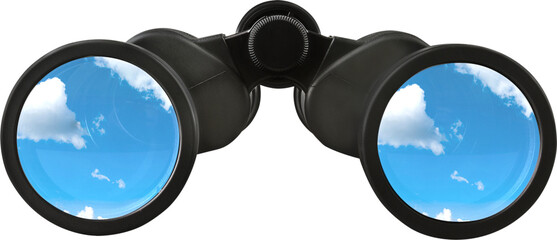 Close up of black binocular with sky in glasses isolated on white