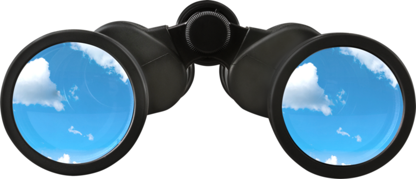 Close up of black binocular with sky in glasses isolated on white