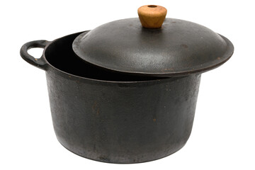 Panela de ferro levemente destampada, utensílio usado para cozinhar alimentos	