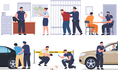 Fototapeta premium Police officers in various work processes of law enforcement agencies. Observance and protection of public order, investigation of crimes. Vector illustration