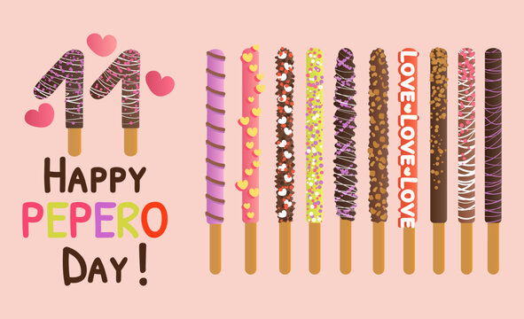 Happy pepero day set. Assorted chocolate dipped pepero sticks collection. Biscuits with different flavors and toppings. Celebration card with hearts. Vector illustration