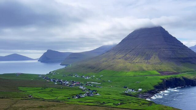 Panoramic view from Villingadalsfjall mountain (the tallest in the Northern Isles), Vi&eth;arei&eth;i, Vi&eth;oy Island, Faroe Islands (Faroes, Faeroes, F&oslash;roya, F&aelig;r&oslash;erne)
