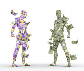 US Dollar vs Swiss franc, Forex trading, currency pairing, human characters made of money, currency fight, 3d rendering