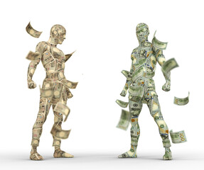US Dollar vs Japanese yen, Forex trading, currency pairing, human characters made of money, 3d rendering