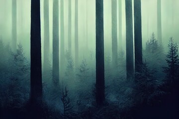 Obraz premium Dark Spooky foggy pine scary forest in Night.High quality illustration