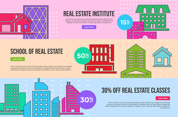 Real estate school classes education sale discount landing page set line art vector illustration