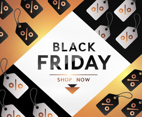 Black Friday Shop Now promotion banner. Realistic labels with golden sale, discount, percent tags. Vector advert background, poster, special offer template