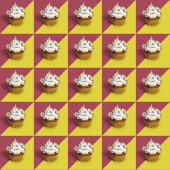 Cupcake pattern with colored sprinkles. Cupcakes with white cream and sugar sprinkles.