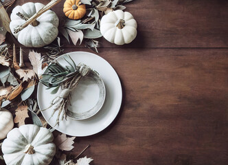Fototapeta na wymiar Happy thanksgiving, autumn decoration on on dark aged wood planks, pumpkin decoration, fallen autumn leaves, autumn floral decor, autumn fruits, warm colors