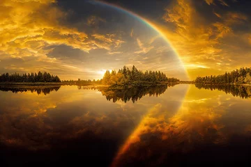 Insel am See. Herbst. Goldene Wolken spiegeln sich im Wasser. goldene Stunde. Hyperrealistische digitale Malerei. 3D-Darstellung © Katynn