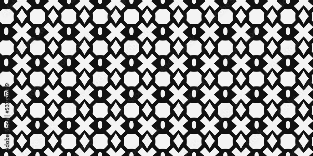 Poster The pattern of white shapes is repeated, creating a seamless pattern. Crosses, robbies, and some other shapes go in a row and in a column.