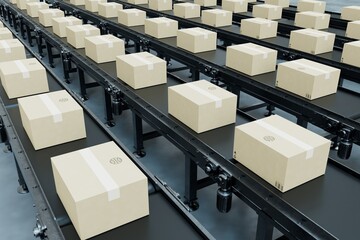 the concept of parcel packaging. rows of conveyors with boxes of parcels. 3D render