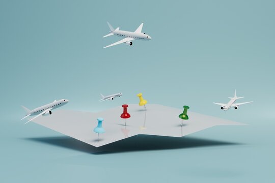 points of arrival of aircraft. A map with button-marked destinations and planes on a blue background. 3D render
