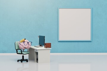 the brain sitting at a desk in a room with a large frame for a picture. copy paste, copy space. 3D render