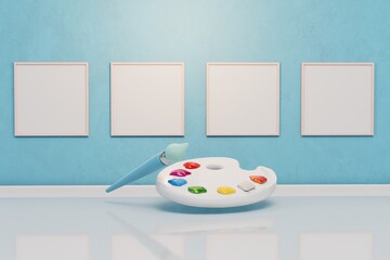 the concept of drawing pictures. paint palette and brush in front of empty picture frames. copy paste. 3D render