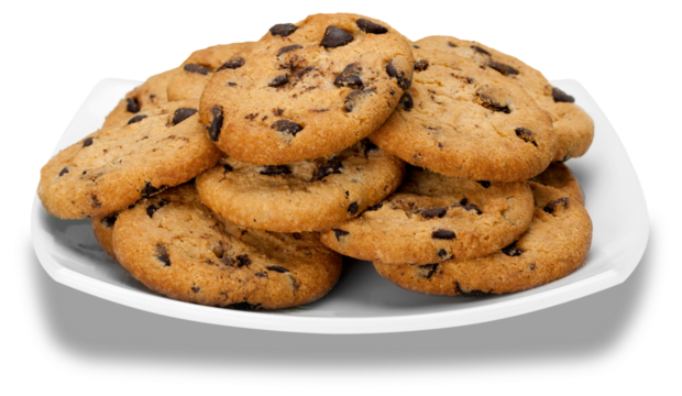 Plate of chocolate chip cookies isolated on white background