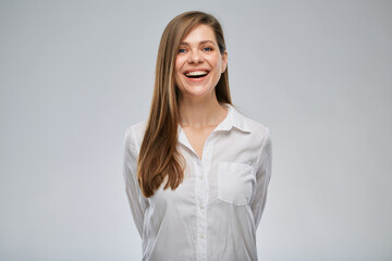 Portrait of happy smiling business woman in white shirt.