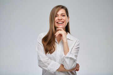 Isolated portrait of thinking business woman in white shirt.