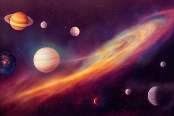Planets over the nebulae in space