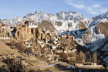 Lamayuru Gompa, Ladakh, India, monastery overlooking the village and snowy mountains in the background