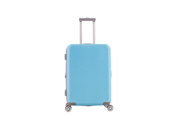 Blue plastic suitcase with transparent background, Vacation luggage in front view