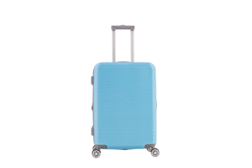 Blue plastic suitcase with transparent background, Vacation luggage in front view