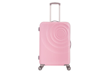 Girly pink plastic suitcase with transparent background, Vacation luggage in front view