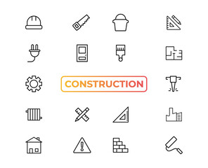 Construction line icons set. Home repair tools outline icons collection. Construction tools, builders and equipment symbols. Builder, crane, engineering, equipment, helmet, tool, house - stock vector.
