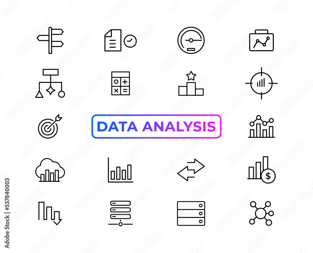Poster big data analysis thin line icon set. data processing outline pictograms for website and mobile app 