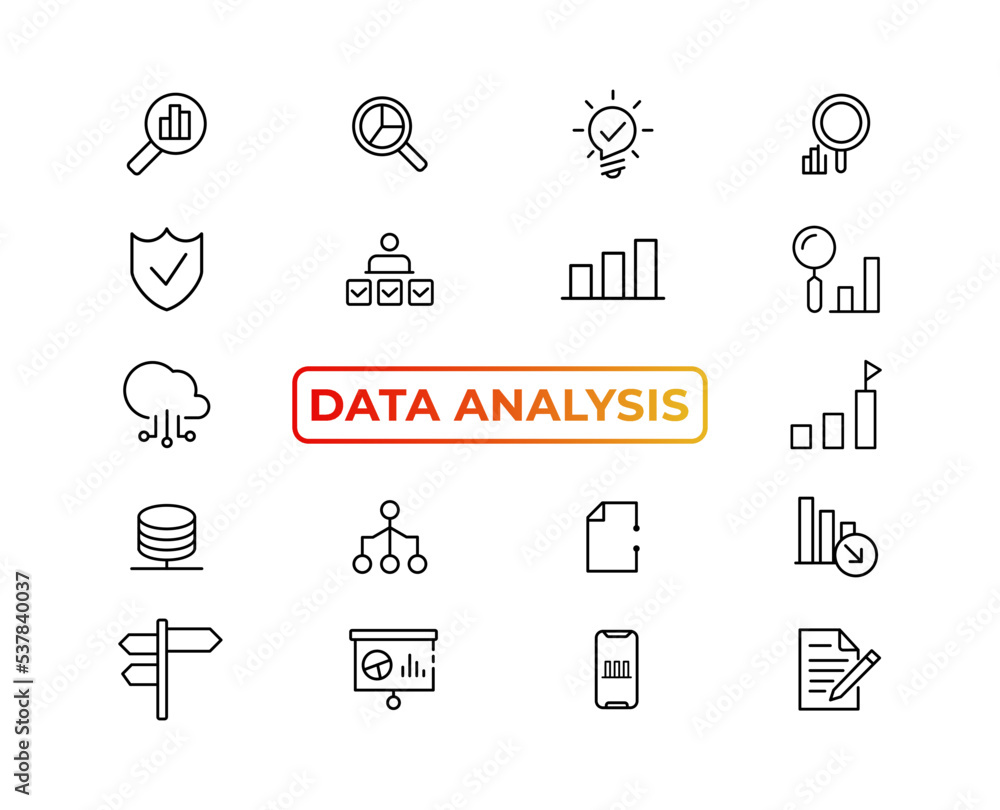 Poster big data analysis thin line icon set. data processing outline pictograms for website and mobile app 