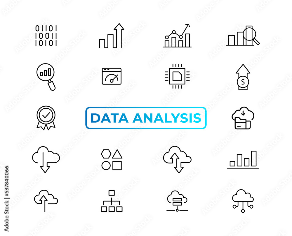 Poster big data analysis thin line icon set. data processing outline pictograms for website and mobile app 