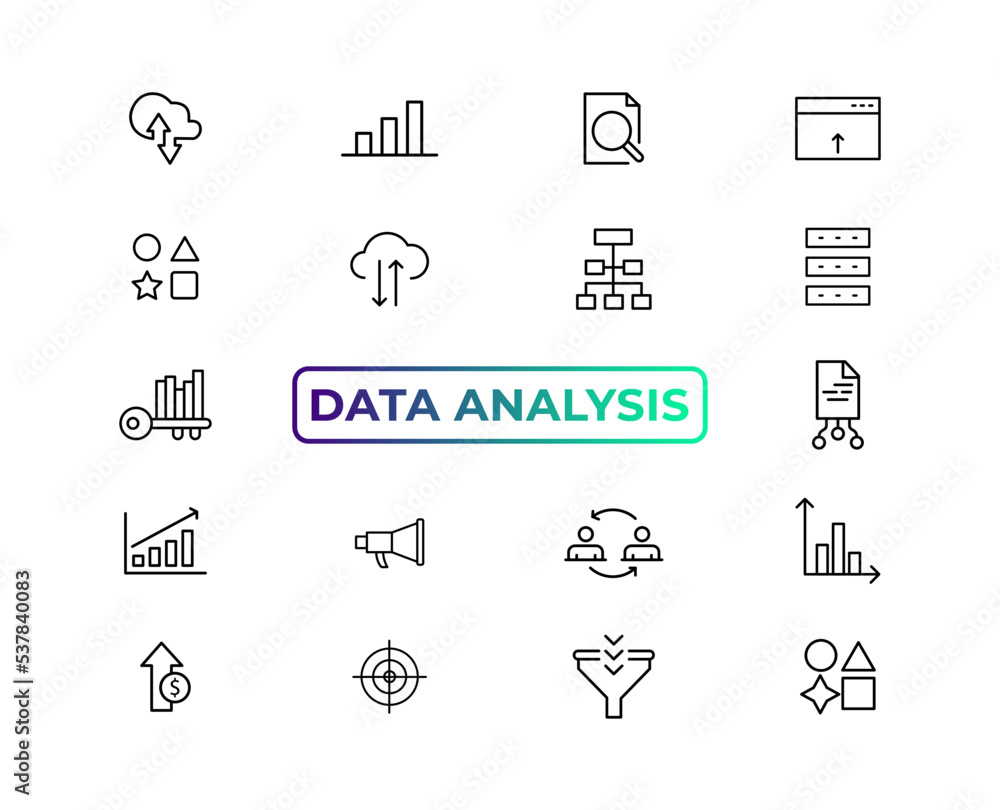 Poster big data analysis thin line icon set. data processing outline pictograms for website and mobile app 