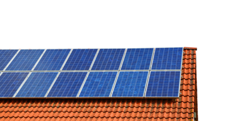 Solar panel on the roof of the house isolated on transparent background, PNG.