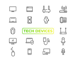 Device and technology line icon set. Electronic devices and gadgets, computer, equipment and electronics. Computer monitor, smartphone, tablet and laptop sumbol collection - stock ...