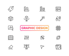 Set of thin line icons of graphic design. Simple linear icons in a modern style flat, Creative Process. Graphic design, creative package, stationary, software and more simple UI, UX vector icons