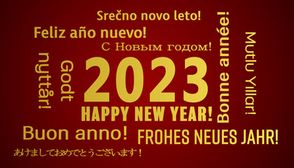 illustration of a word cloud with the message happy new year in gold and in different languages